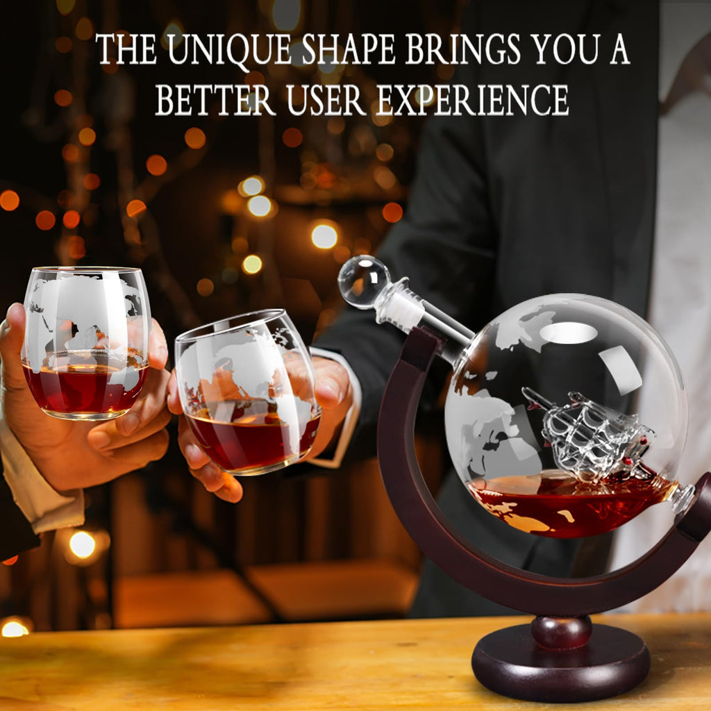 Whiskey Decanter Set,Gift for Men Dad Christmas, Decanter Globe Set with 2 Glasses for Liquor Bourbon Cocktails Vodka Scotch, Decanter Sets for Men Cool Stuff Whiskey Gift - 850ml