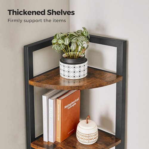 VASAGLE Corner Shelf, 5 Tier Bookshelf, Tall Corner Storage Shelves, Plant Stand for Living Room, Bedroom, Bathroom, Home Office, Rustic Brown and Black ULLS803B01
