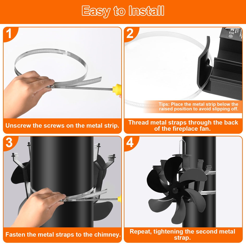 Heat Powered Fireplace Fan Wall Mounted, Wood Stove Fan Thermal Fan for Wood/Log Burning Stove Pellet/Gas Burner, Stove Accessories Thermometer (6 Blade)