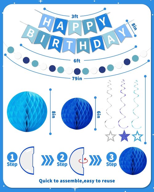 Blue Happy Birthday Decorations - Banner with Honeycomb Balls & Stars | Party Decor for All Ages