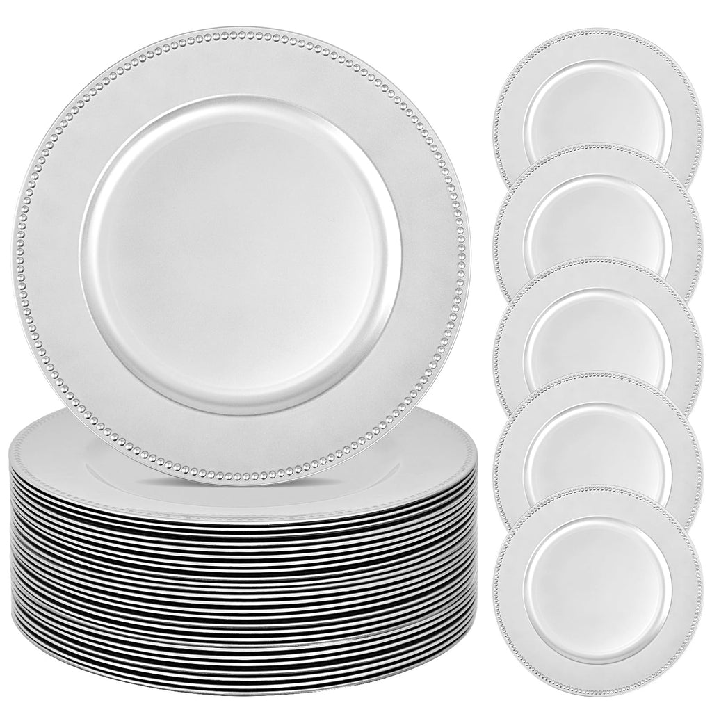 24 Pcs Silver Charger Plates Bulk,13" Round Beaded Plate Chargers for Dinner Plates, Decorative Dinner Charger Plastic Table Chargers for Wedding Holiday Party Baby Shower Event Decoration (Silver)