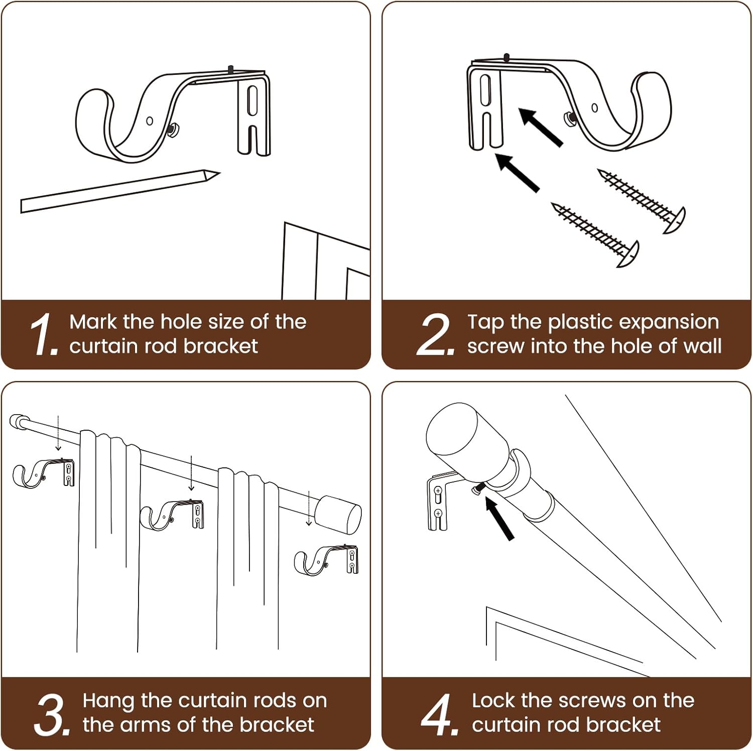 Skiennix Heavy-Duty Adjustable Brown Curtain Rod - Fits 30-84 Inch Windows, 1 Inch Diameter