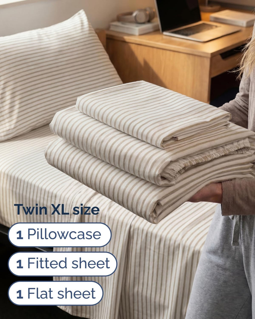 Skiennix Twin XL Sheet Set - Comfy Cooling Bed Sheets with Deep Pockets - Oeko-Tex Beige Stripes
