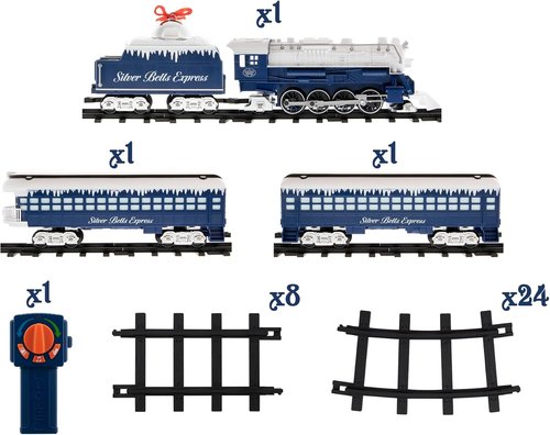 Lionel Battery-Operated Silver Bells Express Toy Train Set - Locomotive, Cars, Track & Remote with Sounds & Lights for Kids 4+