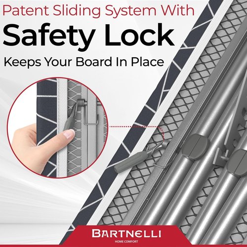 Bartnelli Compact Ironing Board - Space-Saving Steel Design | Adjustable Height, 13x43, Bonus Hanger & Silicone Pad