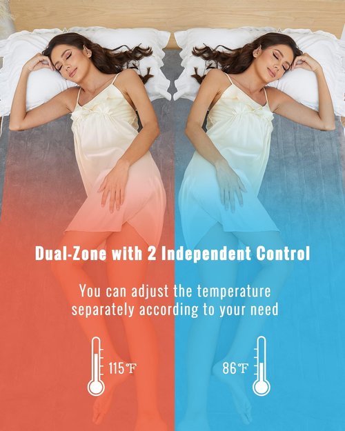 YAKEE Electric Mattress Pad Queen Size 60"x80", Dual Control,Soft Colar Fleece with 4 Heating Levels, 10-Hour Auto Shut Off, Fast Heating, Deep Pocket Bed Topper Fit Up to 21", Machine Washable, Grey