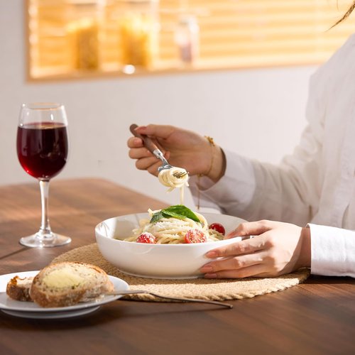 KooK Ceramic Pasta & Salad Bowls - Large Capacity, Microwave & Dishwasher Safe, Set of 4 | 40 Oz, White