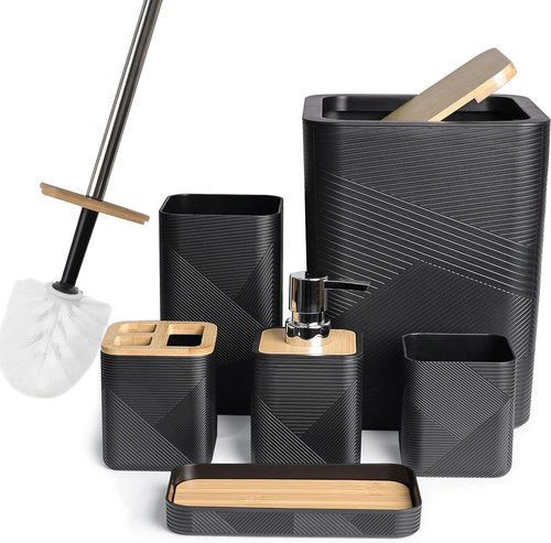 CERBIOR 6-Piece Bamboo Bathroom Accessories Set - Stylish Soap Dispenser, Toothbrush Holder & More | Black