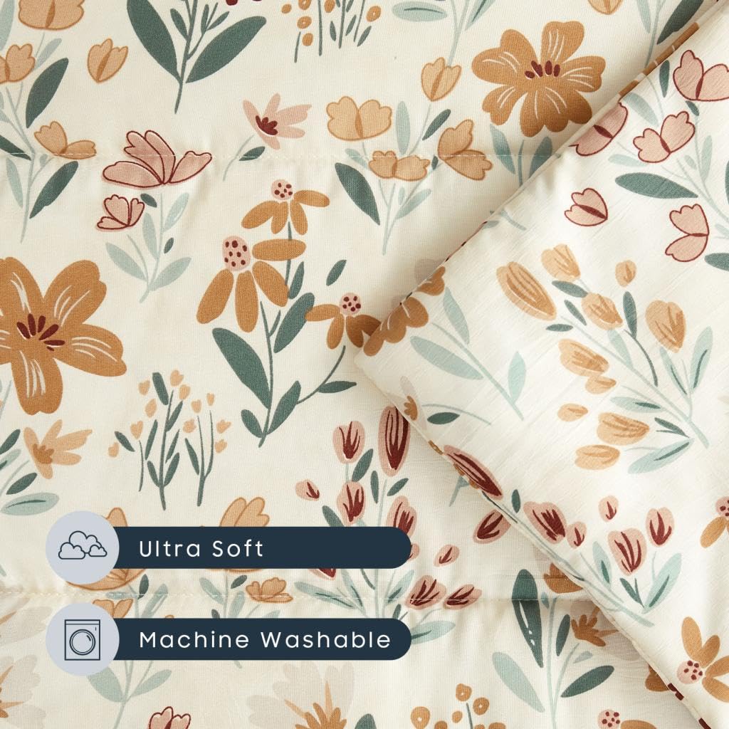 Wake In Cloud - Cot Nap Mat with Pillow and Blanket, for Toddler Kids Girls Ages 3 Plus in Daycare Kindergarten Preschool with Elastic Corner Straps, Floral Botanical Flowers, Orange Cream