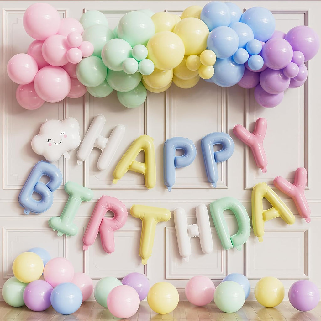 Pastel Birthday Decorations - Happy Birthday Balloon Banner & Macaron Balloons | 84-Piece Set