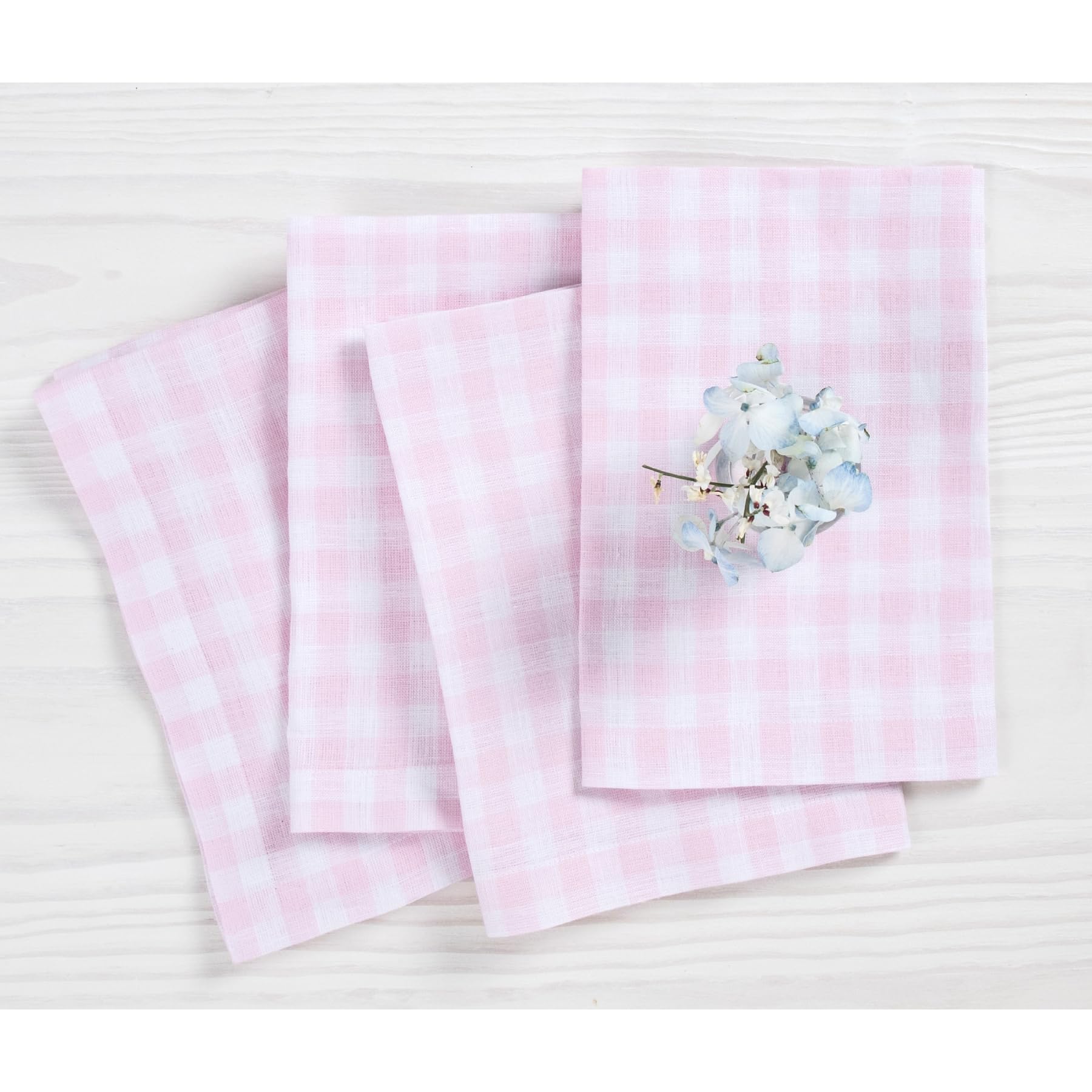 Solino Home Linen Napkins Set of 4-100% Pure Linen Marshmellow Pink Gingham Check Dinner Napkins Cloth 20 x 20 Inch for Mothers Day, Spring, Summer