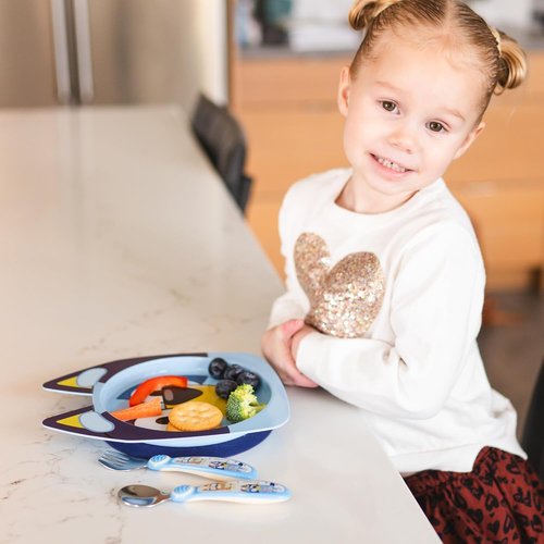 Bluey Kids Dinnerware Set - Suction Plate, Bowl & Stainless Steel Silverware - 4-Piece Feeding Set