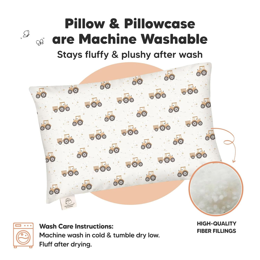 My Little Dreamy Toddler Pillow - Organic Cotton 13x18 Travel Bed Pillow, Soft & Breathable for Ages 2-5 (Tractor)
