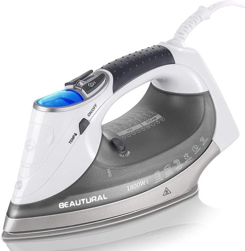 Beautural 1800-Watt Steam Iron - Digital LCD Screen, Ceramic Soleplate, 9 Temperature Settings | Gray