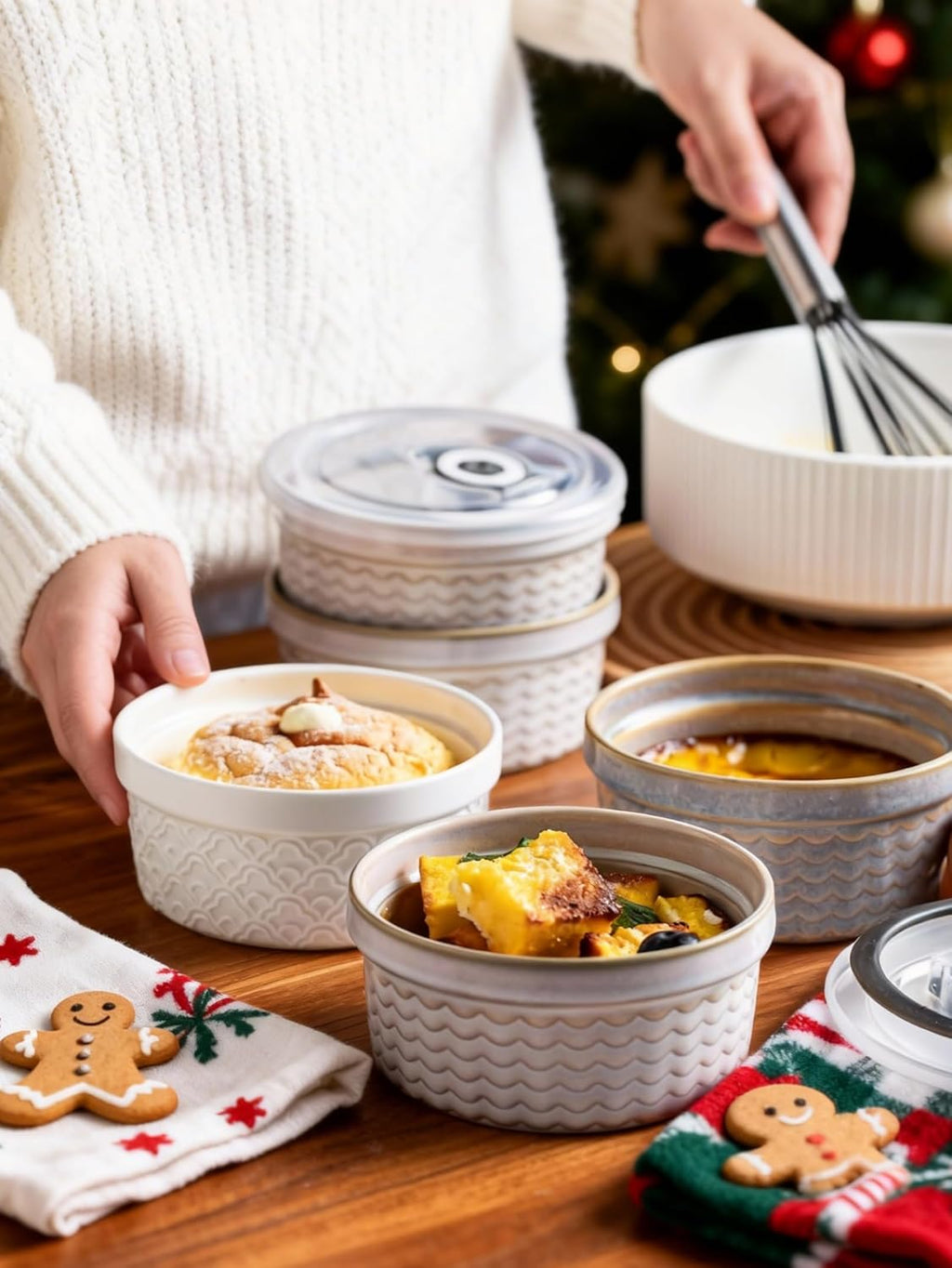 Skiennix Ceramic Baking Dishes - 12oz Meal Prep Containers with Lids | Set of 4 Grey Ripple Ramekins