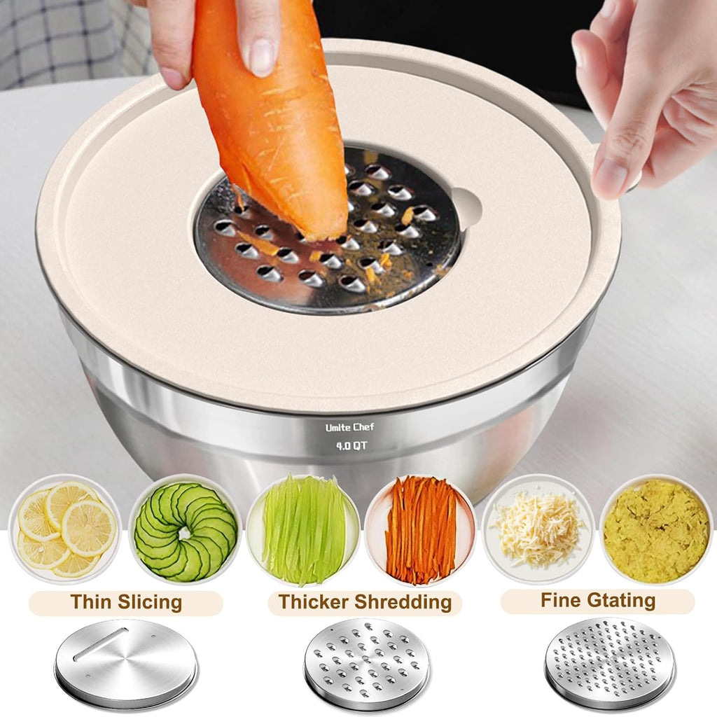 Umite Chef Mixing Bowls Set - 8PCS Stainless Steel Nesting Bowls with Airtight Lids & Grater | Non-Slip Bottoms, 1.5QT to 5QT
