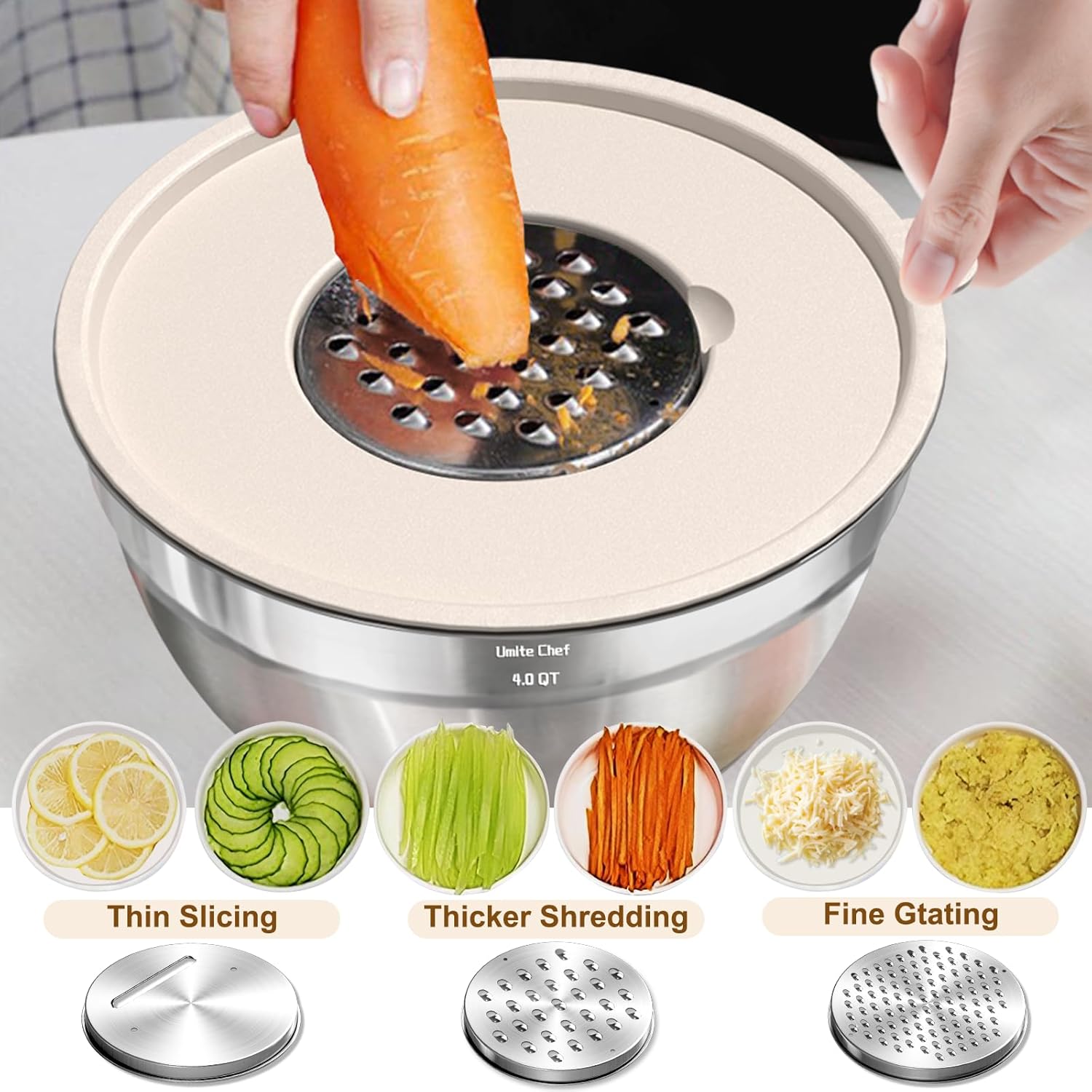 Umite Chef Mixing Bowls Set - 8PCS Stainless Steel Nesting Bowls with Airtight Lids & Grater | Non-Slip Bottoms, 1.5QT to 5QT