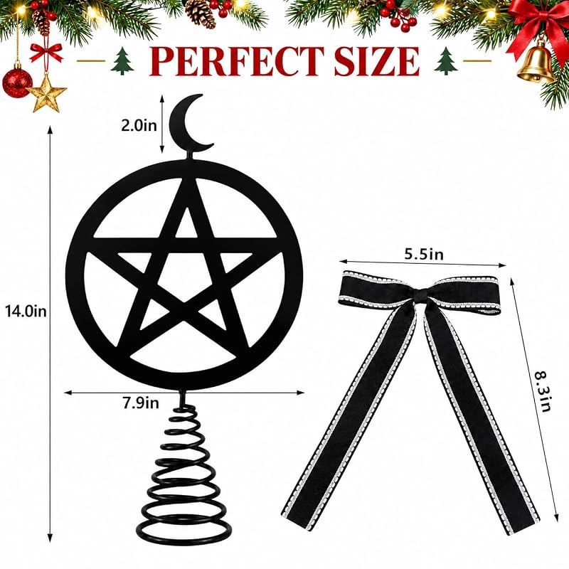14 Inch Black Gothic Pentagram Tree Topper with Crescent Moon and Bow