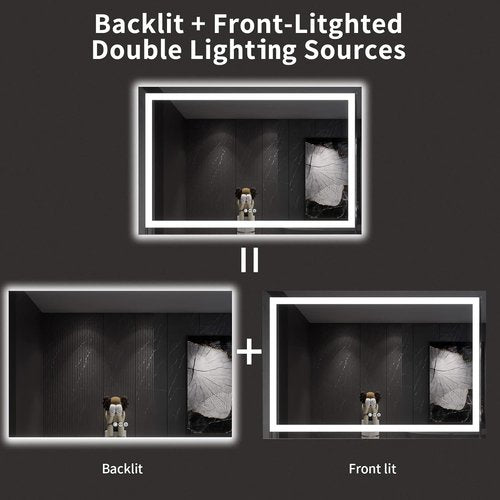 LOAAO LED Bathroom Mirror - 60x40 Anti-Fog, Dimmable, Backlit & Front Lit | Lighted Vanity Mirror with Memory Function, Tempered Glass