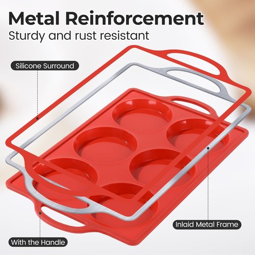 CAKETIME Non-Stick Muffin Top Pan - 4 Inch Silicone Baking Molds for English Muffins & Egg Bites | 3 Pack Red