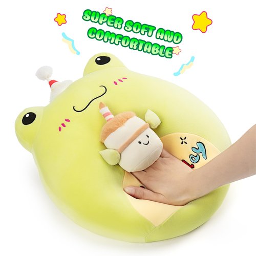 PLAYNICS Original 14-inch Large Happy Birthday Frog Plush Pillow Stuffed Animal Toy,Big Size Cute Soft Toys Fat Kawaii Cuddle Huggable Plushie,Gift for Kids