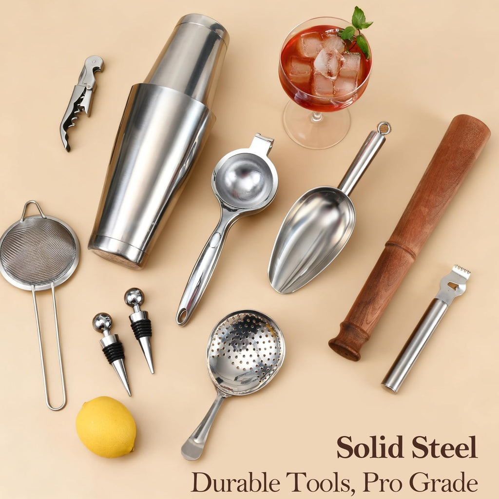 ETENS 33-Piece Professional Bartender Kit with Weighted Boston Shaker – High End Mixology Set for Home Bar – Stainless Steel Barware Tool Set Unbreakable Citrus Squeezer, Ice Scoop & Mixing Glass