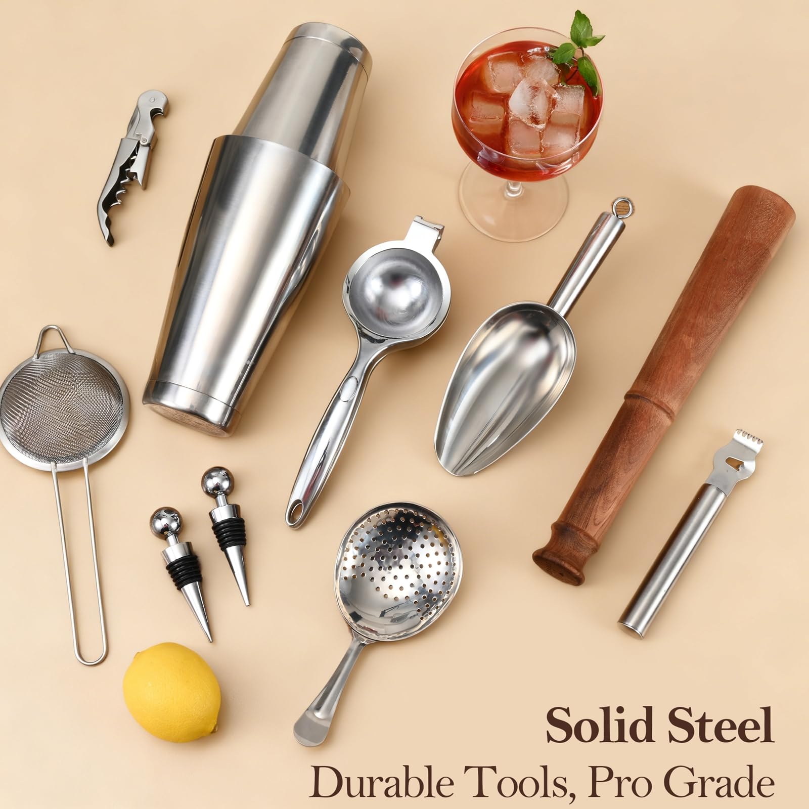ETENS 33-Piece Professional Bartender Kit with Weighted Boston Shaker – High End Mixology Set for Home Bar – Stainless Steel Barware Tool Set Unbreakable Citrus Squeezer, Ice Scoop & Mixing Glass
