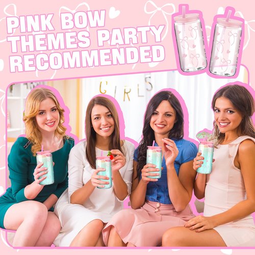 Yetene 8 Pcs Coquette Bow Plastic Cups with Lids and Straws 16 oz Acrylic Mason Jars Aesthetic Reusable Bottles Iced Coffee Mug Beer Glass Tumbler for Birthday Coquette Party(Bow,Pink)