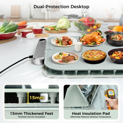 ROEDEER Silicone Warming Mat for Food Extra Large(15.6”x35”),Detachable Structure Food Warming Mats for Countertop,Warming Tray of 6 Temp-Settings & 6H Timer,with Heat Insulation Pad,XL-Gray