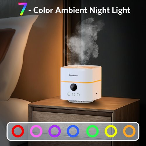 HomBreez Air Purifier and Humidifier Combo for Bedroom, Covers Up to 200ft², H13 True HEPA Filter, 400ML Water Tank, Quiet Cool Mist Top Fill Essential Oil Diffuser for Baby, Pet Room, White