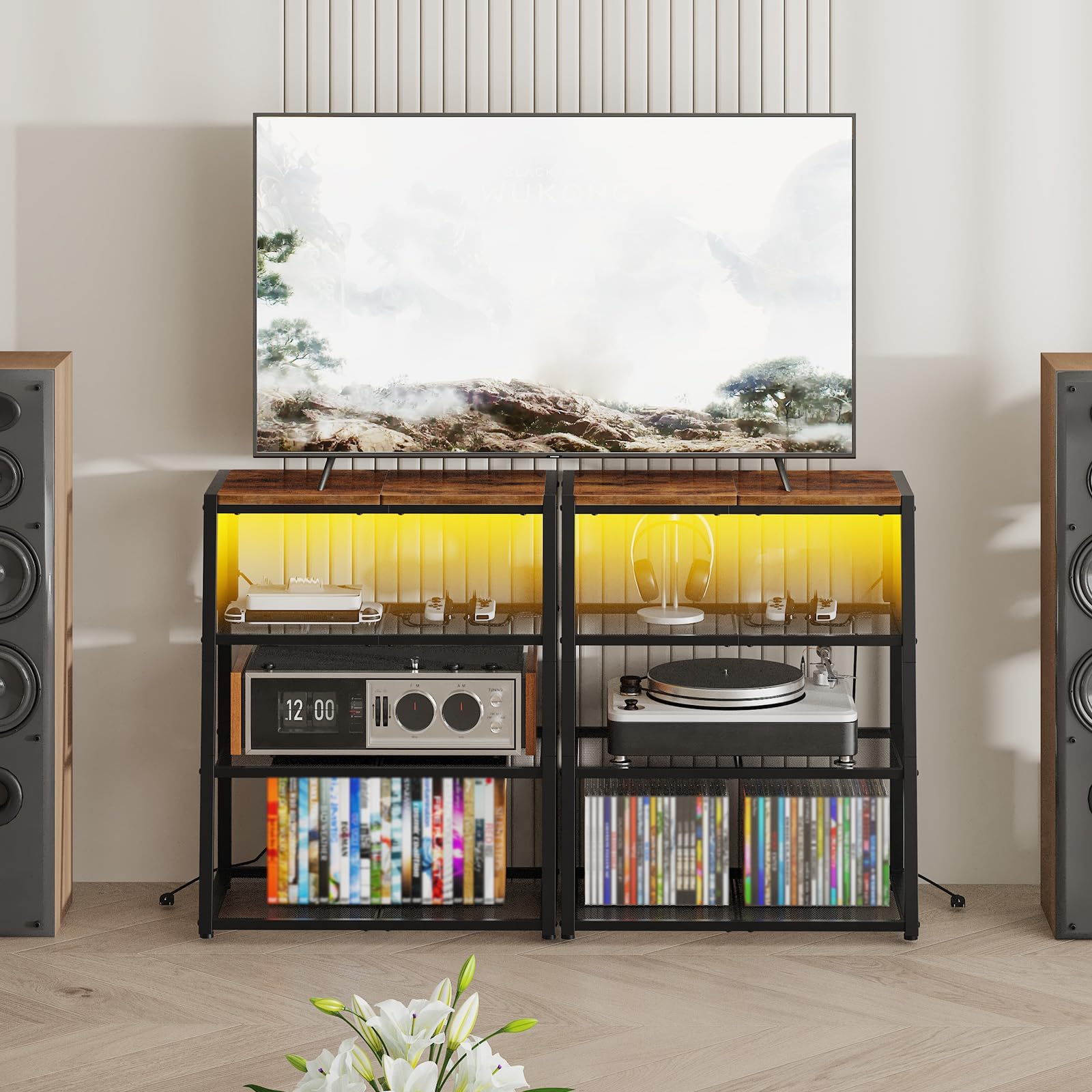 HOOBRO 4-Tier AV Media Stand, Stereo Stand with Charging Station and LED Light, Wooden Stereo Cabinet, Rack Audio Tower, Corner Entertainment Center, 30'', Rustic Brown and Black BF107UDCJ01