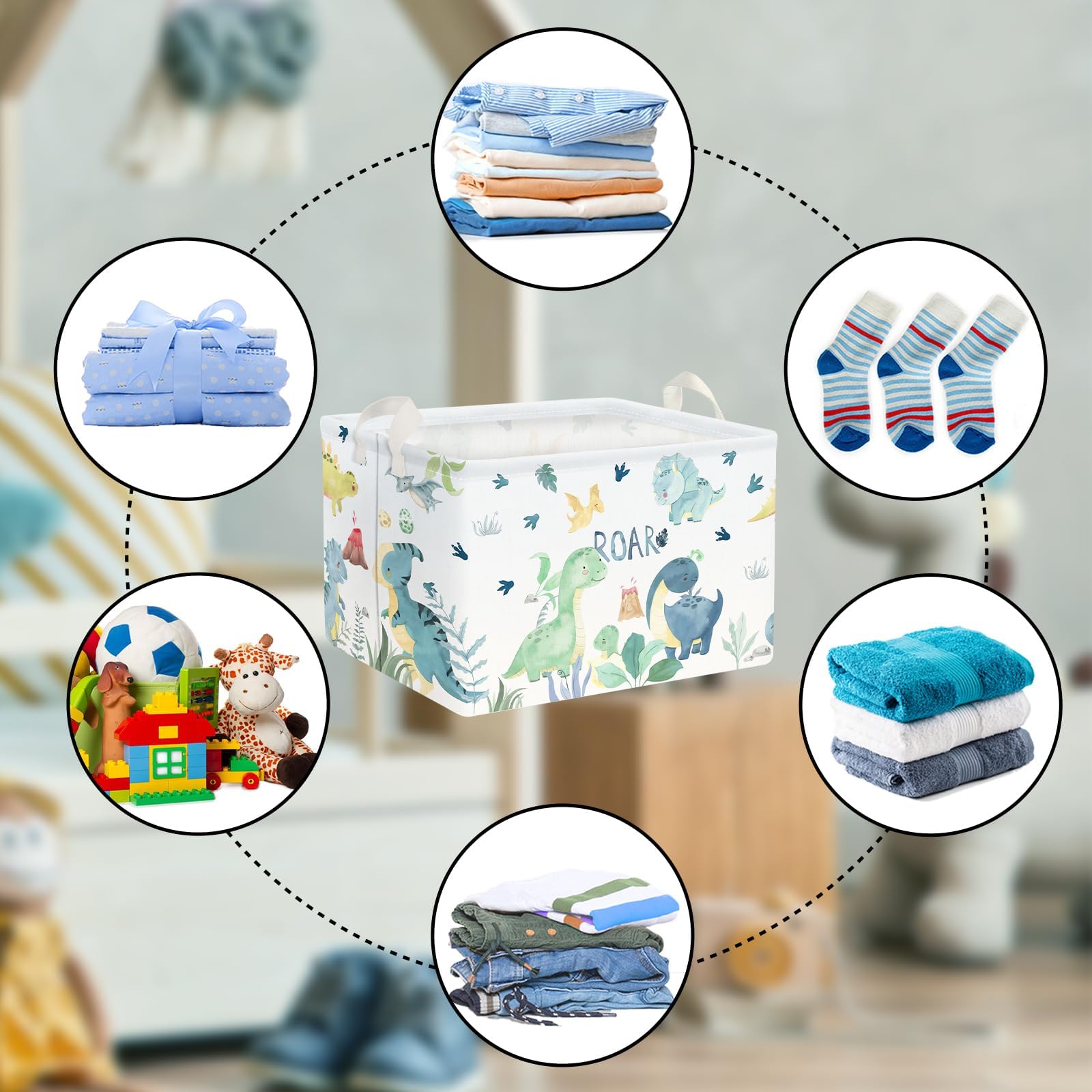 Clastyle Adorable Watercolors Green Dinosaur Shelf Basket Volcano Palm Leaf Collapsible Storage Bin Rectangle Clothes Books Toy Storage Cube, 21L