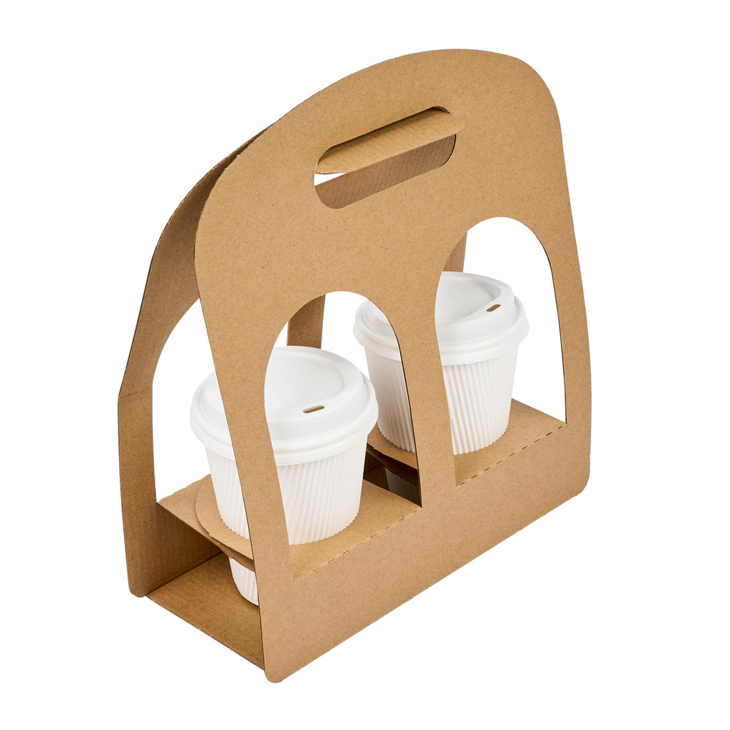 Restaurantware Bio Tek Drink Carriers 100 Disposable Cup Carriers With Handles - Holds 2 Cups For Delivery Or To Go Kraft Paper Drink Holders Built-In Handle Fits Multiple Beverages