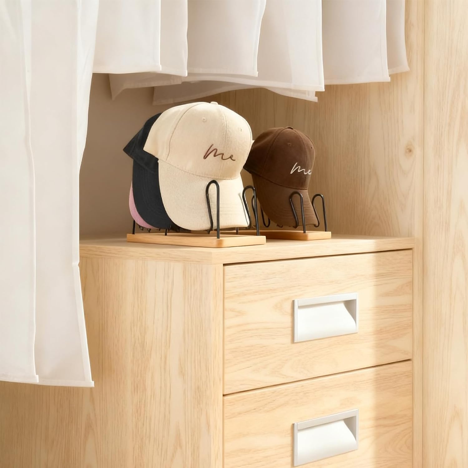 UdoUto Hat Organizer - Space-Saving Wood & Metal Rack Holds 14 Baseball Caps | 2-Pack for Closet & Entryway