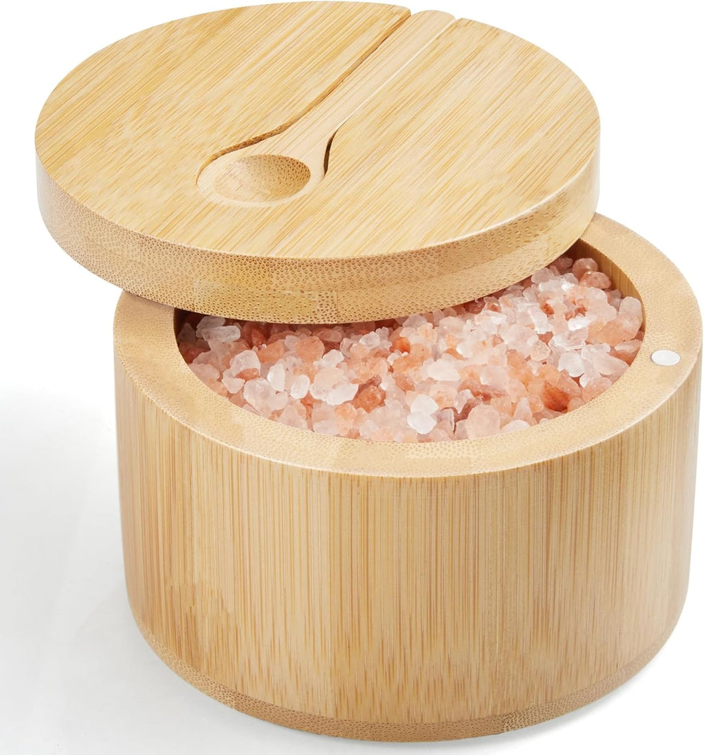 OUTNILI Bamboo Salt Box Bowl with Lid & Spoon - 360° Swivel Salt Cellar for Sea Salt & Herbs, 7 oz Capacity