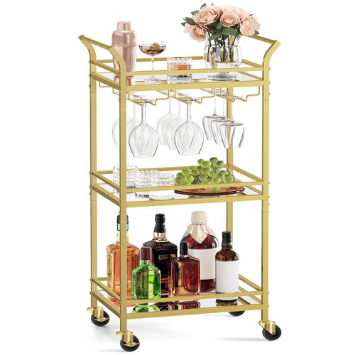 VASAGLE Bar Cart, Home Bar Serving Cart, Small Bar Serving Cart with 3-Tier Shelf, Wine Holders, Glass Holders, Mini Bar Cart for Small Spaces, Kitchen, Dining Room, Living Room, Pale Gold