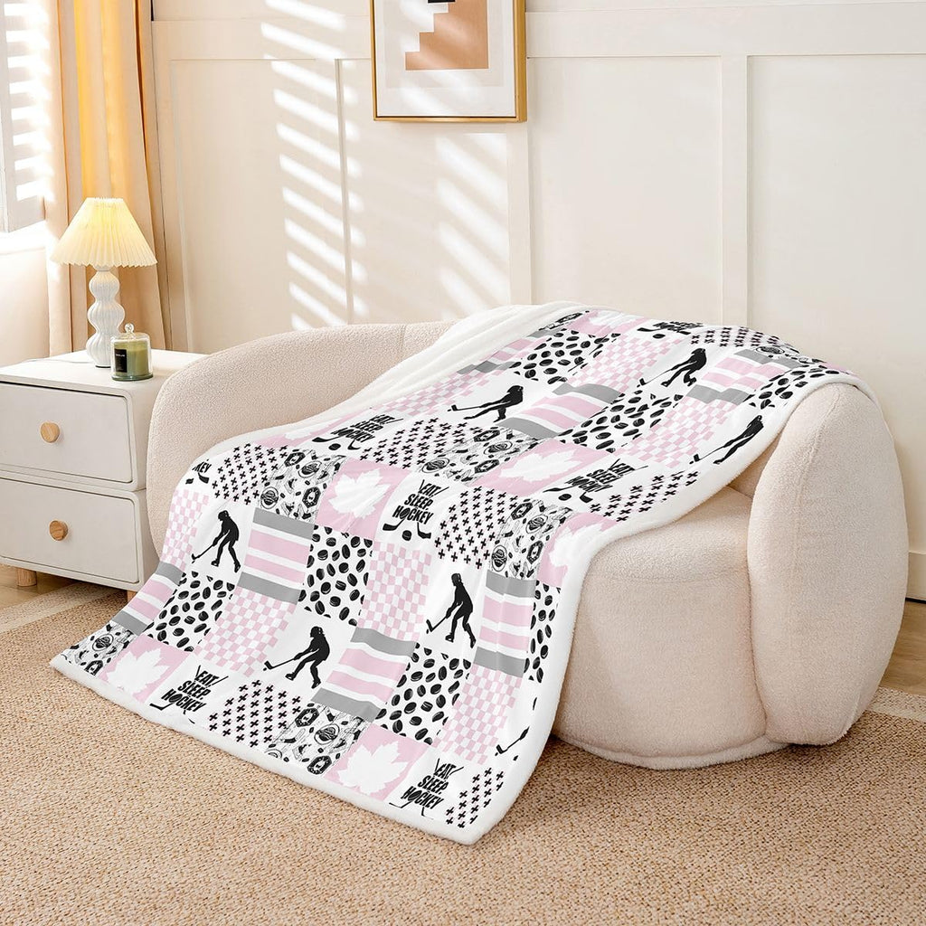 Erosebridal Ice Hockey Twin Size Fleece Blanket for Girls, Puck Sports Games Fuzzy Blankets for Kids Teens Bedroom, Hockey Player Throw Blanket Plaid Patchwork Blankets, Pink White Black