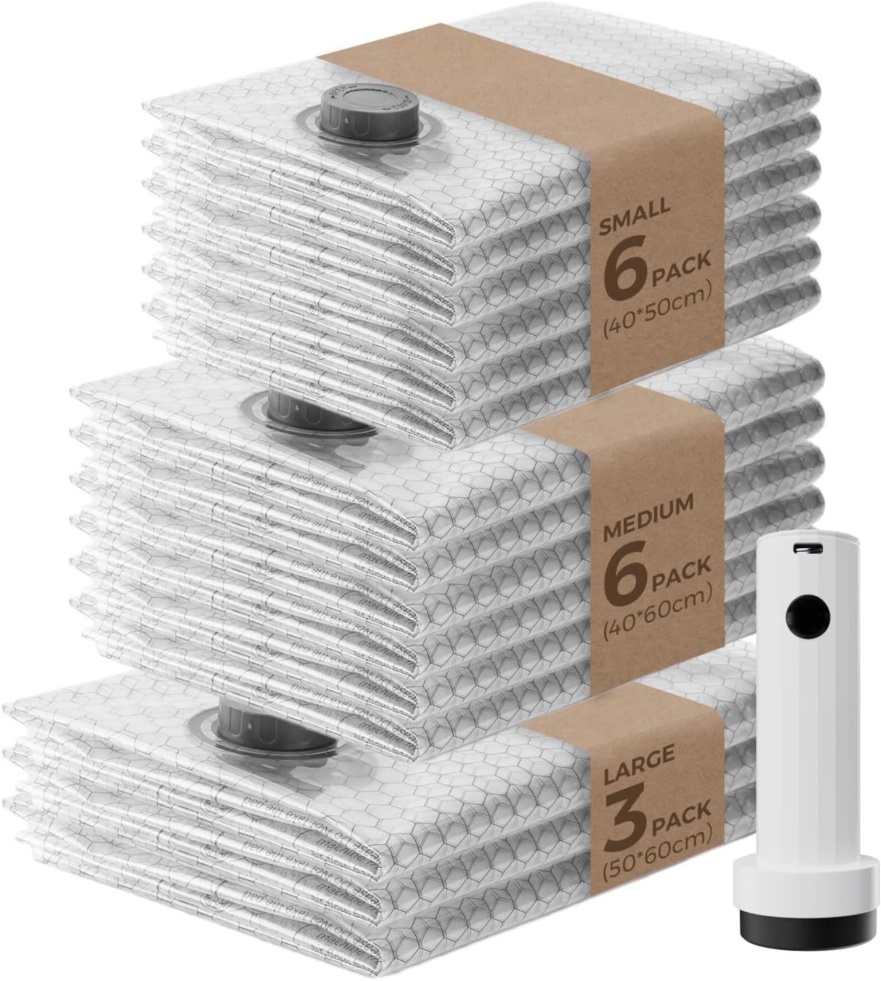 Skiennix Vacuum Bags for Clothing - 15 Pack with Rechargeable Air Pump | Space Saver for Travel & Luggage