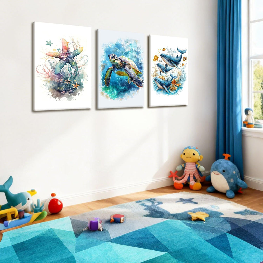 NCCXNCC Marine Animal Canvas Wall Art - Watercolor Sea Turtle, Whale & Starfish Prints | 12x16 IN