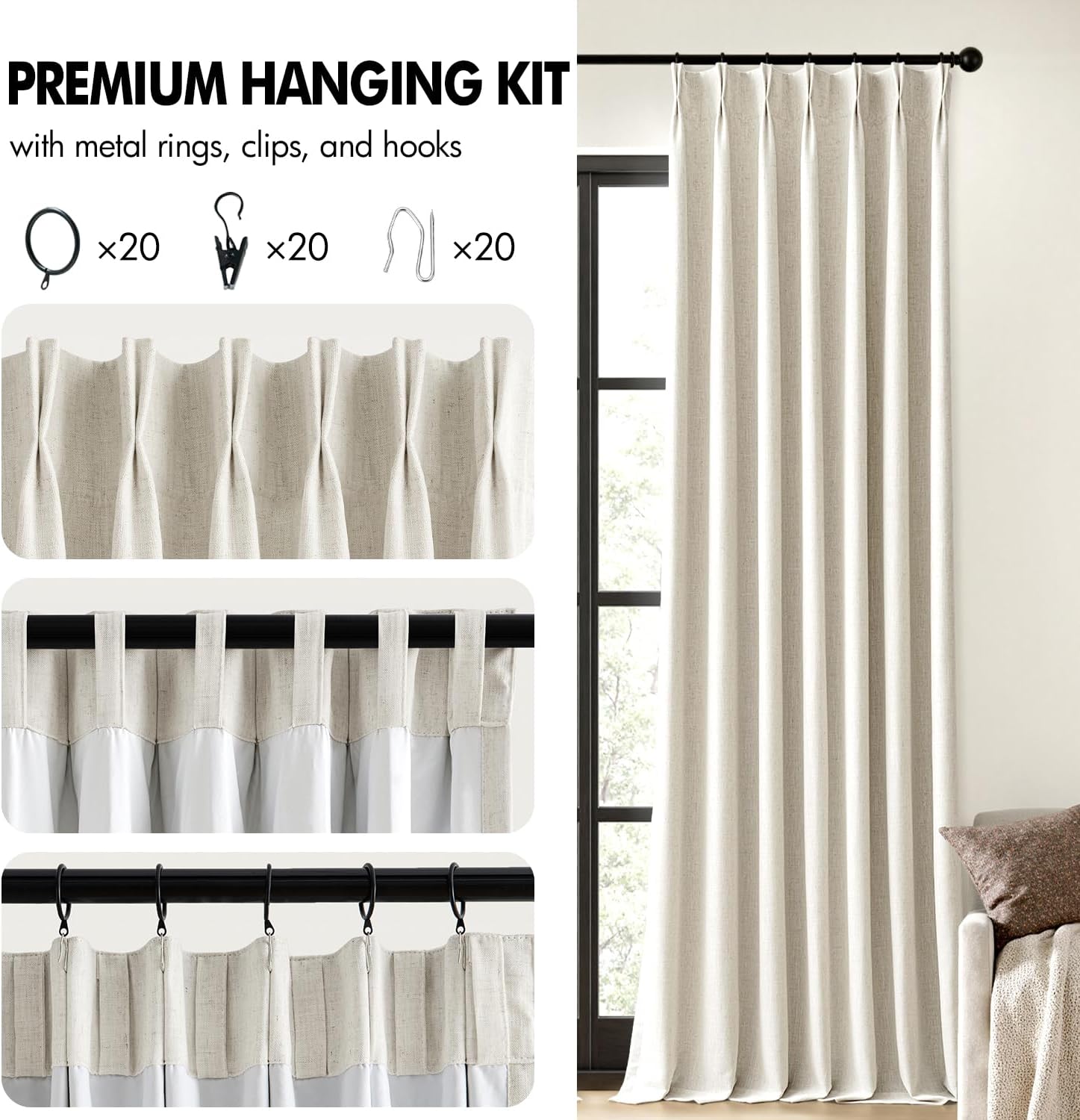 MIULEE 100% Blackout Linen Curtains - Natural Pinch Pleated Design, 84 Inches Long, 2 Panels for Bedroom & Living Room