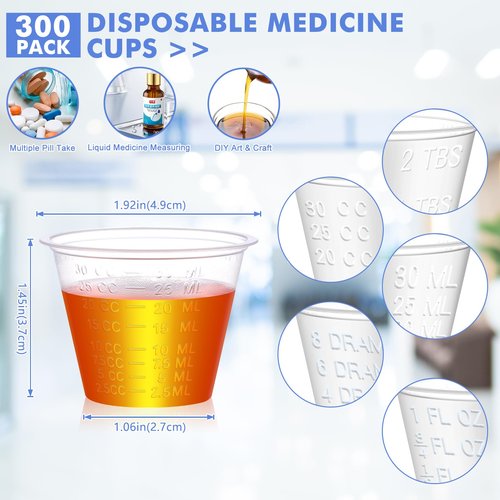 Dualshine 300 Pack Disposable Graduated Medicine Cups (30ml), 1 oz Plastic Med Cups for Mixed Pills, Liquid Medication Measuring, Resin, Epoxy, DIY Arts & Crafts
