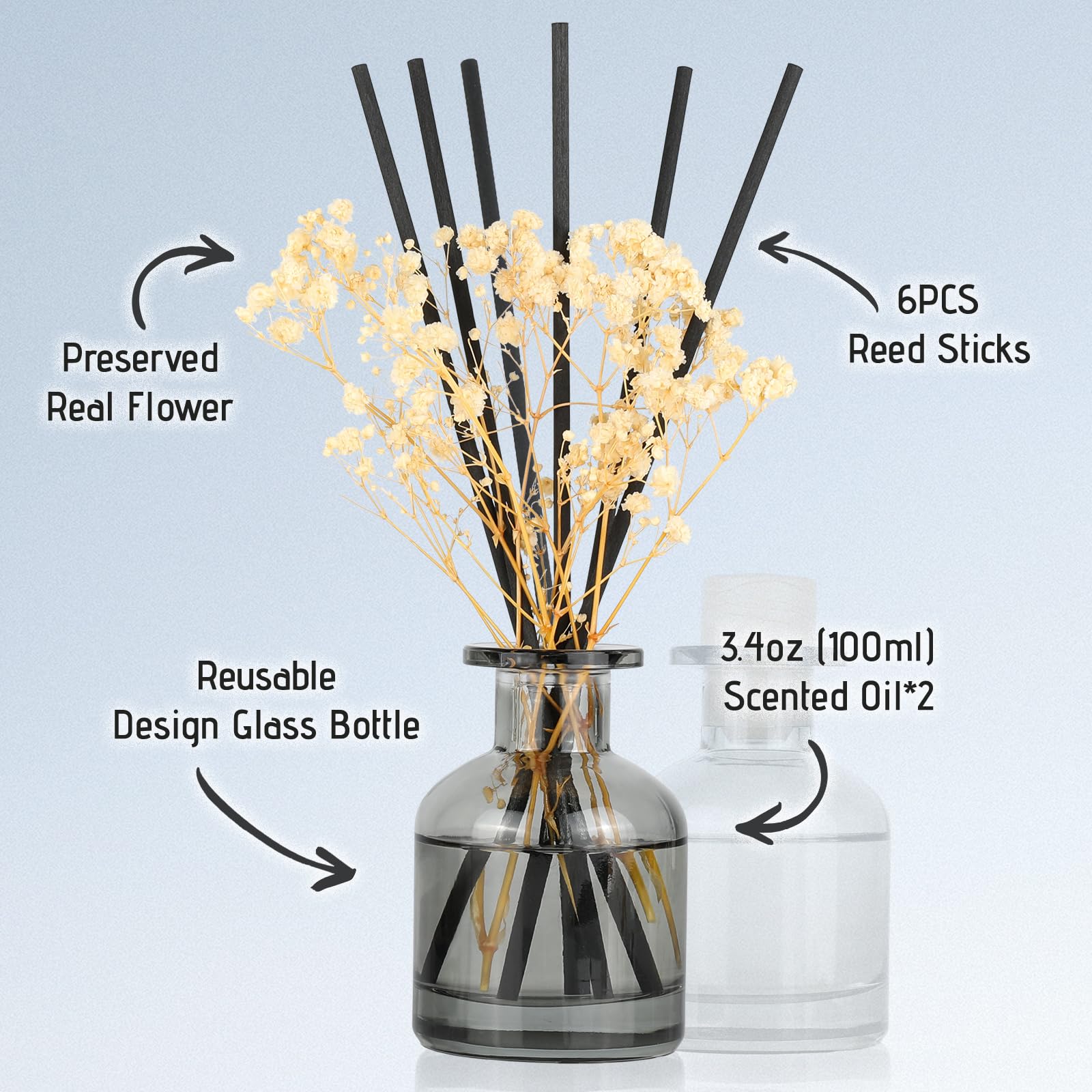 Brakula 2 Pack Reed Diffuser, Bamboo + Eucalyptus & Wild Mint (3.38 fl oz Each Pack), Home Fragrance with 12 Sticks,Bathroom Decor, Reed diffusers for Home