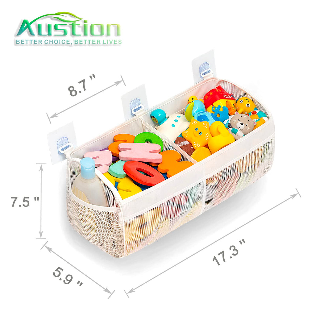 Austion Original Two Compartment Easy-access Mesh Bath Toy Organizer for Bath Tub with Large Openings Quick Drying Cute Toddler Bath Toy Storage Holder for Baby