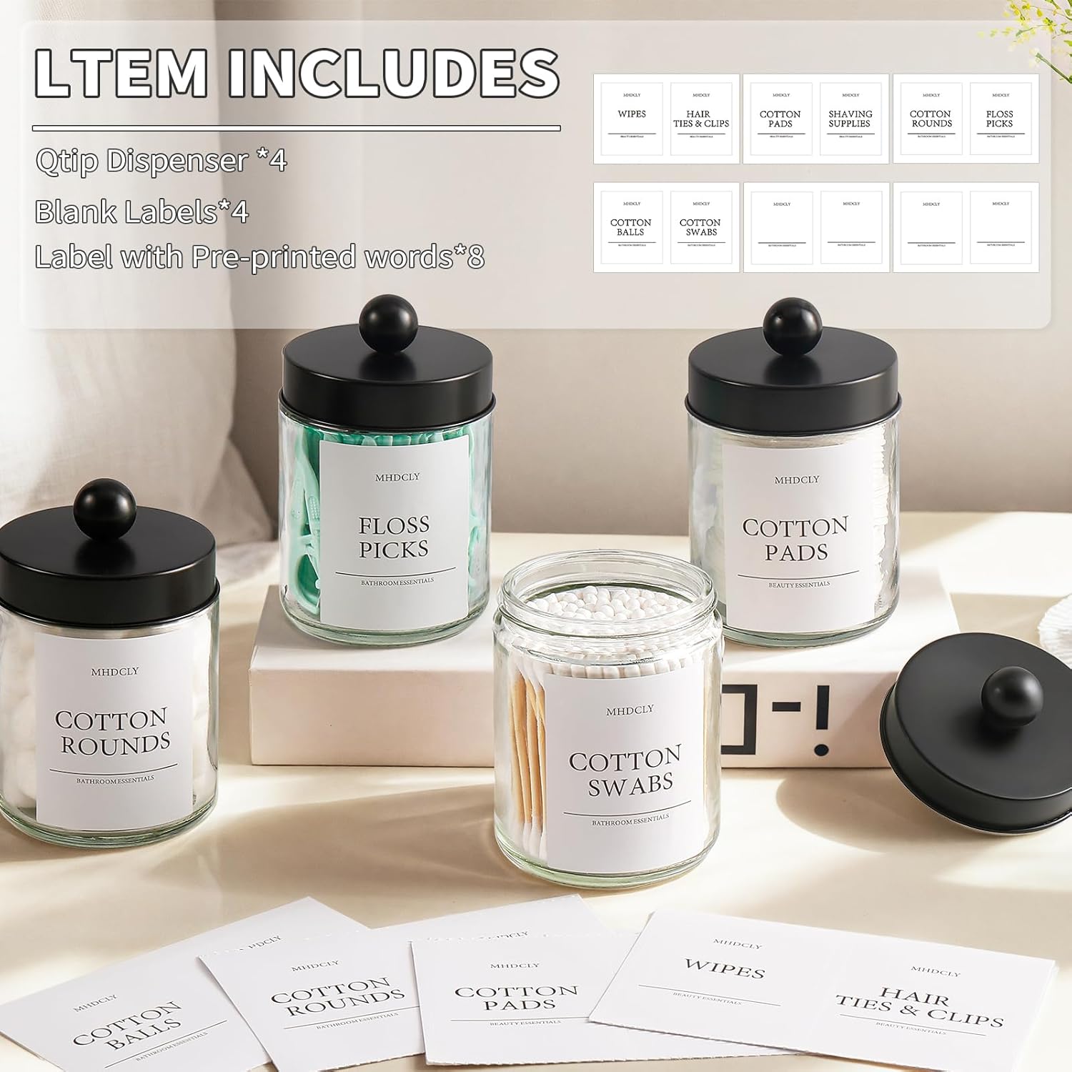 Skiennix Bathroom Organizers - 4 Pack Storage Accessories for Stylish Home Decor | Black Lids