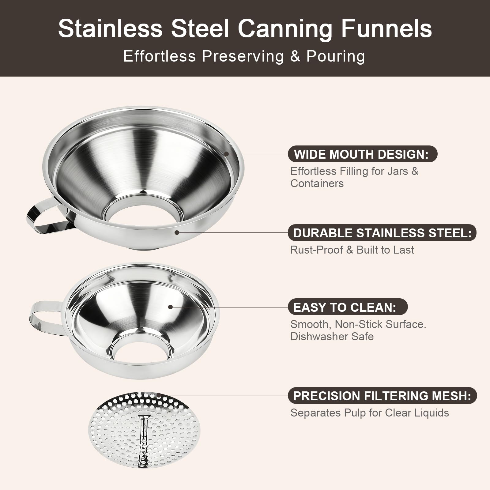 Cuqojs Canning Funnel with Strainer, Wide Mouth Canning Funnels for Filling Wide and Regular Mason Jars, Food Grade Stainless Steel Canning Supplies for Kitchen Use, 3 Pack (Small and Large)