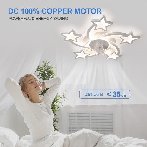 JAYMP 27.6 Inch Modern Stars Ceiling Light with Fan, 6 Speeds with 5 Blades, Remote Control Ceiling Fan White Dimmable LED Lighting Fixture for Dining Room Bedroom Small Living Room