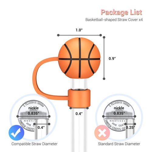 4Johor 4Pcs Basketball Straw Toppers for Stanley Cup Accessories, Straw Cover fits 0.4In Reusable Straws, BPA Free Silicone Straw Covers - Sip In Style and Protect the Earth
