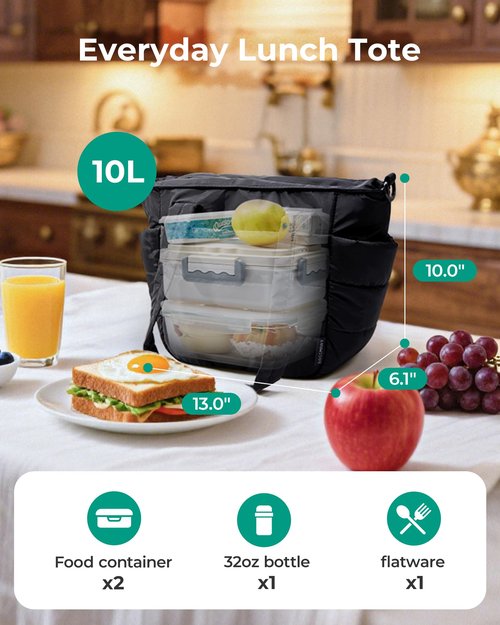 BAGSMART Lunch Bag Women Small Insulated Tote with Lunch Compartment Quilted Lightweight Puffy Tote Bag for Work, Travel, Outdoor, Camel