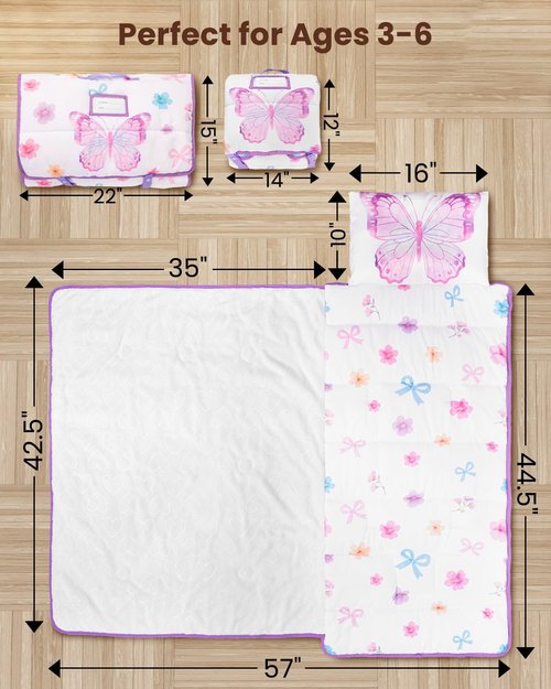 Primlect Toddler Nap Mat with Removable Pillow and Flannel Blanket, Portable Sleep Bag for Kids, Easy to Roll up, Washable, Perfect for Daycare, Preschool, Girls, 3-6 Years (Butterfly)