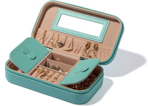 BINO Jewelry Case - Portable Compact Organizer with Mirror | Stylish Aqua Travel Box for Earrings, Rings & Necklaces